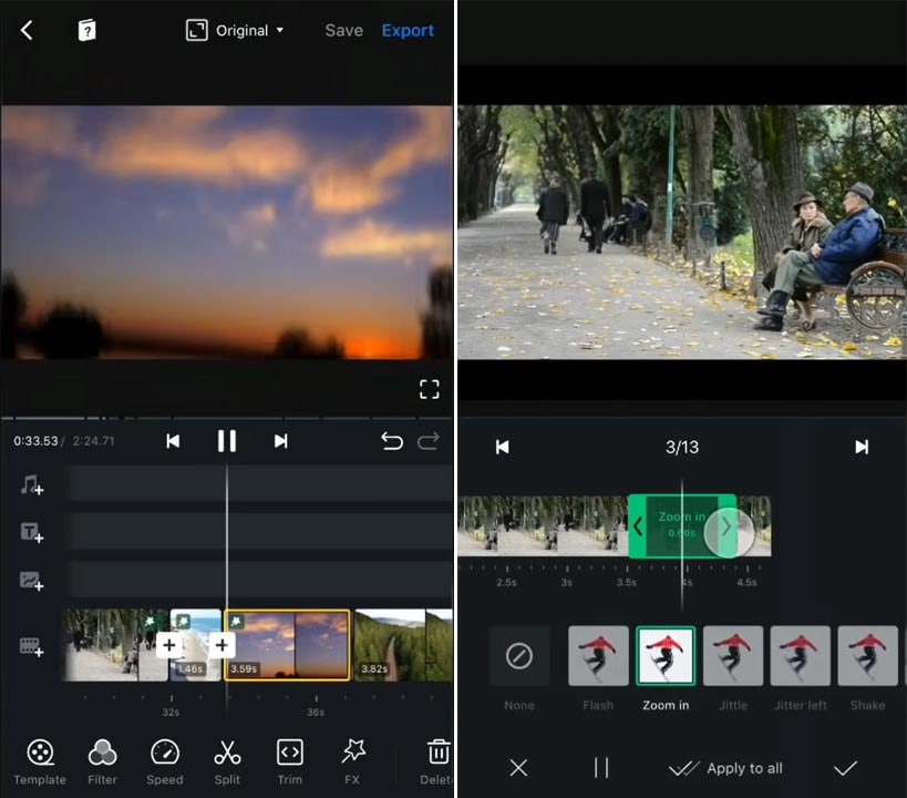 Use Stunning Filters, Effects on VN Video Editor Pro APK